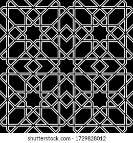 Seamless geometric ornament based on traditional arabic art.Black  and white .Great design for fabric,textile,cover,wrapping paper,background.Average doubled lines.