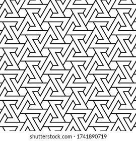 Seamless geometric ornament based on traditional arabic art.Black lines and white background.Great design for fabric,textile,cover,wrapping paper,background.Average thickness lines.
