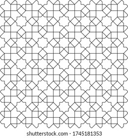 Ornamento geométrico sin foco basado en el arte árabe tradicional. Mosaico musulmán.Líneas FINAS en blanco y negro.Gran diseño para tela, textil, cubierta, papel envolvente, fondo.