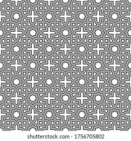 Seamless geometric ornament based on traditional arabic art.Black lines and white background.Great design for fabric,textile,cover,wrapping paper,background.Fine and average lines.