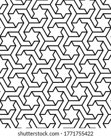 Seamless geometric ornament based on traditional arabic art.Black lines and white background.Great design for fabric,textile,cover,wrapping paper,background.Average thickness lines.
