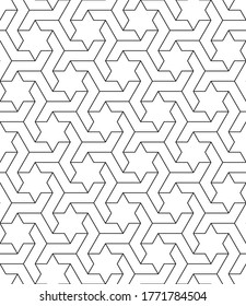 Seamless geometric ornament based on traditional arabic art.Black lines and white background.Great design for fabric,textile,cover,wrapping paper,background.Thin lines.