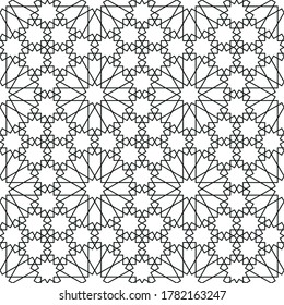 Seamless geometric ornament based on traditional arabic art.Black lines and white background.Great design for fabric,textile,cover,wrapping paper,background.Thick lines.