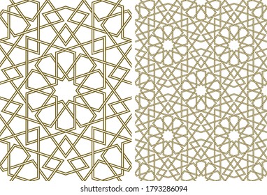 Seamless geometric ornament based on traditional islamic art.Brown color lines.Set single pattern and 2x2 pattern.Thick whicker lines.