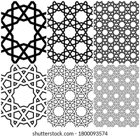 Seamless geometric ornament based on traditional islamic art.Black color lines.Set single pattern,2x2,4x4.