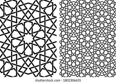 Seamless geometric ornament based on traditional islamic art.Set single pattern and 2x2 pattern.Wicker lines.Thick whicker lines.