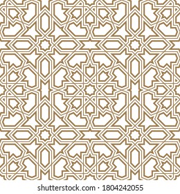 Seamless geometric ornament based on traditional arabic art.Brown color lines.Great design for fabric,textile,cover,wrapping paper,background.Fine and average lines.