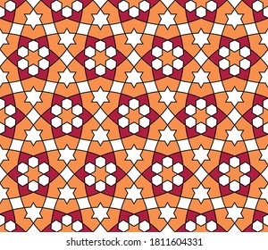 Seamless geometric ornament based on traditional arabic art.Great design for fabric,textile,cover,wrapping paper,background.Thin lines.Orange and red colors.