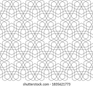 Seamless geometric ornament based on traditional islamic art.Black and white lines.Great design for fabric,textile,cover,wrapping paper,background,laser cutting.Thin lines.