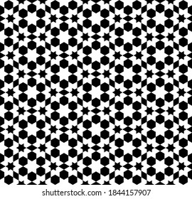 Seamless geometric ornament based on traditional islamic art. White figures on black background. Great design for fabric,textile,cover,wrapping paper,background.
