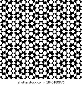 Seamless geometric ornament based on traditional islamic art. White figures on black background. Great design for fabric,textile,cover,wrapping paper,background.