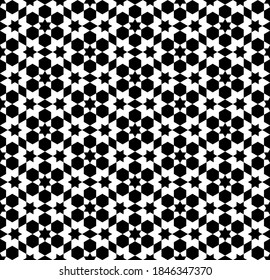 Seamless geometric ornament based on traditional islamic art. White figures on black background. Great design for fabric,textile,cover,wrapping paper,background.