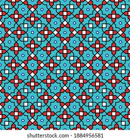 Ornamento geométrico impecable basado en el arte islámico tradicional. .Gran diseño para tela, textil, cubierta, papel envolvente, fondo. Rojo, azul, negro y blanco.