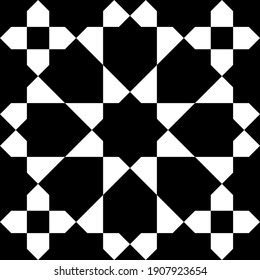 Ornamento geométrico sin foco basado en el arte islámico tradicional. Figuras blancas sobre el fondo negro. Gran diseño para tela, textil, cubierta, papel envolvente, fondo.