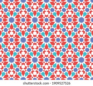 Seamless geometric ornament based on traditional islamic art.Red,blue and white colors .Great design for fabric,textile,cover,wrapping paper,background. Fine lines.