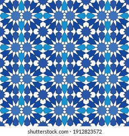 Ornamento geométrico sin foco basado en el arte islámico tradicional. .Gran diseño para tela, textil, cubierta, papel envolvente, fondo.Azul y blanco.