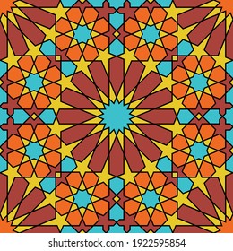 Seamless geometric ornament based on traditional islamic art. Great design for fabric,textile,cover,wrapping paper,background.Yellow, blue, brown , orange and black colors.