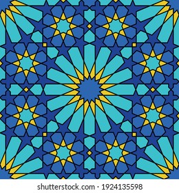 Seamless geometric ornament based on traditional islamic art. Great design for fabric,textile,cover,wrapping paper,background.Yellow, blue and black colors.