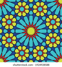 Ornamento geométrico sin foco basado en el arte islámico tradicional. Gran diseño para tela, textil, cubierta, papel envolvente, fondo. Colores amarillo, azul y negro.