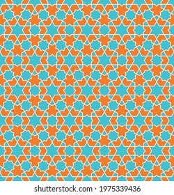 Seamless geometric ornament based on traditional islamic art.Orange , blue and white colors .