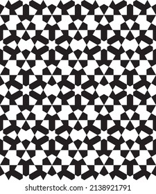Ornamento geométrico sin inconveniente basado en el arte islámico tradicional. Blanco y negro. Gran diseño para tela, textil, cubierta, papel envolvente, fondo.