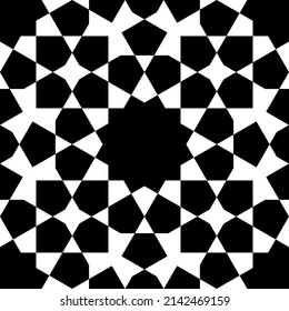 Ornamento geométrico sin inconveniente basado en el arte islámico tradicional. Blanco y negro. Gran diseño para tela, textil, cubierta, papel envolvente, fondo.