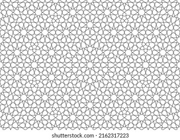 Ornamento geométrico sin inconveniente basado en el arte islámico tradicional. Blanco y negro. Gran diseño para tela, textil, cubierta, papel envolvente, fondo.