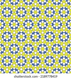 Ornamento geométrico sin foco basado en el arte islámico tradicional.Color azul y amarillo .Gran diseño para tela, textil, cubierta, papel envolvente, fondo.