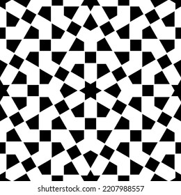Ornamento geométrico sin inconveniente basado en el arte islámico tradicional. Blanco y negro. Gran diseño para tela, textil, cubierta, papel envolvente, fondo.