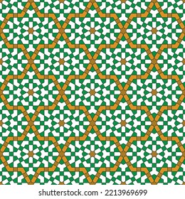 Ornamento geométrico sin inconveniente basado en el arte islámico tradicional. Color verde, naranja. Gran diseño para tela, textil, cubierta, papel envolvente, fondo.
