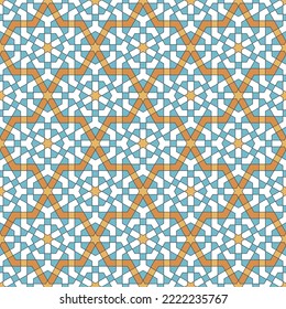 Seamless geometric ornament based on traditional islamic art.Blue ,orange colors. Great design for fabric,textile,cover,wrapping paper,background.