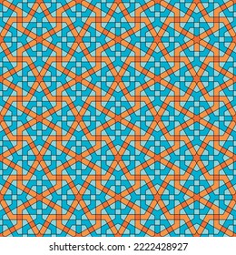 Seamless geometric ornament based on traditional islamic art.Blue ,orange colors. Great design for fabric,textile,cover,wrapping paper,background.