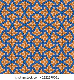 Seamless geometric ornament based on traditional islamic art.Blue ,orange colors. Great design for fabric,textile,cover,wrapping paper,background.