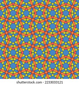 Seamless geometric ornament based on traditional islamic art.Blue ,orange colors.For fabric,textile,cover,wrapping paper,background.