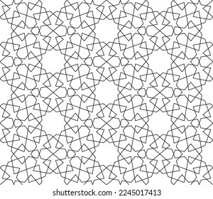 Ornamento geométrico sin inconveniente basado en el arte islámico tradicional. Blanco y negro. Gran diseño para tela, textil, cubierta, papel envolvente, fondo.
