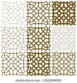 Seamless geometric ornament based on traditional islamic art.A set of nine elements of the same pattern of different line thicknesses