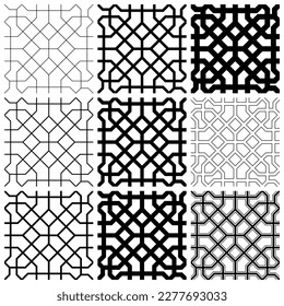 Seamless geometric ornament based on traditional islamic art.A set of nine elements of the same pattern of different line thicknesses