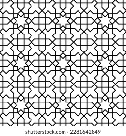 Ornamento geométrico sin inconveniente basado en el arte islámico tradicional. Blanco y negro. Para tela,textil,cubierta,papel envolvente,fondo.