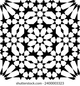 Ornamento geométrico sin inconveniente basado en el arte islámico tradicional. Blanco y negro. Diseño para tela, textil, cubierta, papel envolvente, fondo.