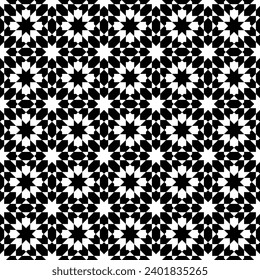 Ornamento geométrico sin inconveniente basado en el arte islámico tradicional. Blanco y negro. Diseño para tela, textil, cubierta, papel envolvente, fondo.