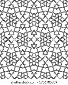 Seamless geometric ornament .Black lines and white background.Great design for fabric,textile,cover,wrapping paper,background.Doubled average lines.