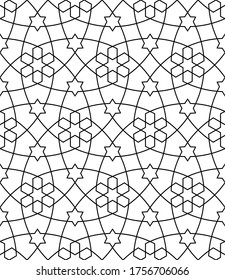 Seamless geometric ornament .Black lines and white background.Great design for fabric,textile,cover,wrapping paper,background.Average thickness lines.
