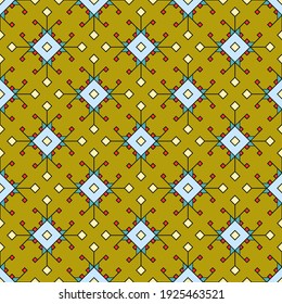 Seamless geometric ornament from curly elements, colored squares and rhombuses, olive background. Great for decorating fabrics, textiles, gift wrapping, printed matter, interiors, advertising.