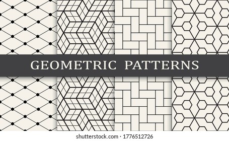 Juego de impresión de patrones de ornamentos geométricos sin inconvenientes. Diseño de patrón de fondo de moda de línea. Ilustración vectorial.