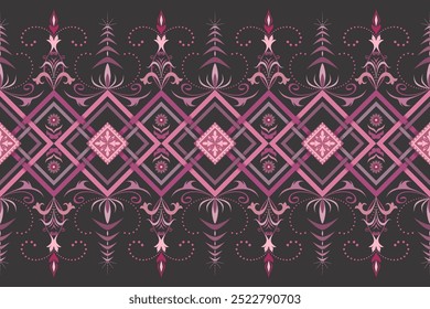 A seamless geometric ornamental design in shades of pink and purple, featuring intricate floral motifs and symmetrical patterns. Ideal for textiles, wallpapers, and decorative projects.