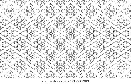 Nahtloses geometrisches Ornamentmuster mit symmetrischen Linienkunstmotiven. Elegante minimalistische Linie Kunst dekorativen Hintergrund. Geeignet für Hintergrund, Tapete, Textil, Stoff und dekorative Elemente