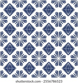 Seamless Geometric Ornamental Tile Pattern with Vintage Design, Perfect for Wallpapers, Fabric, and Interior Decorations in Soft Blue and White Tones