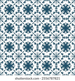 Seamless Geometric Ornamental Tile Pattern with Vintage Design, Perfect for Wallpapers, Fabric, and Interior Decorations in Soft Blue and White Tones