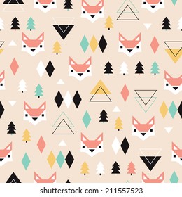 Seamless geometric pastel holidays theme fox forest and triangle christmas tree background pattern in vector