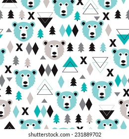 Seamless geometric pastel holidays theme grizzly bear forest and triangle christmas tree background pattern in vector